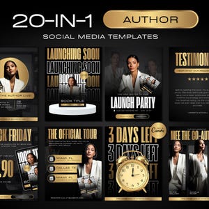 May include: A collection of 20 social media templates for authors, featuring a black and gold color scheme. The templates include promotional graphics for book launches, tours, and events, with images of a woman in a white blazer.