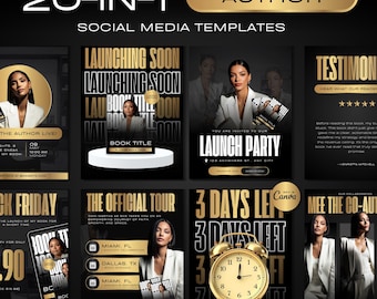 May include: A collection of 20 social media templates for authors, featuring a black and gold color scheme. The templates include promotional graphics for book launches, tours, and events, with images of a woman in a white blazer.