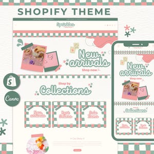 May include: A pink and green checkered background with a website mockup for a shop called "Sprinkles". The website features a pink and white banner with the text "New arrivals" and a shop by collections section with three categories: "New arrivals", "Best Sellers", and "Sale Items".
