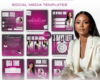 May include: A promotional image for an author launch featuring 20-in-1 social media templates. The design incorporates a magenta and white color scheme, with various layouts for book promotion, including "Book Title," "Join Our Mailing List," and "The Official Tour."