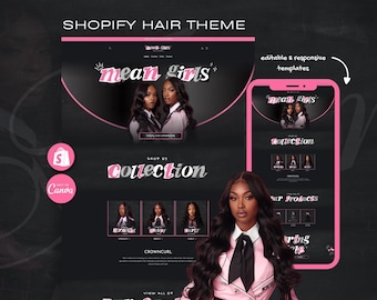 Y2K Hair Shopify Theme, Baddie Wig Store Website Template, Black Pink Design