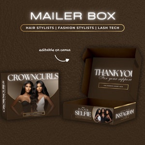 Könnte beinhalten: Ein brauner Pappkarton mit den Worten "CROWNCURLS" und "THANK YOU For your support" darauf gedruckt. Die Schachtel ist geöffnet und das Innere ist mit braunem Papier ausgekleidet. Die Schachtel ist für Friseure, Modedesigner und Wimperntechniker gedacht.