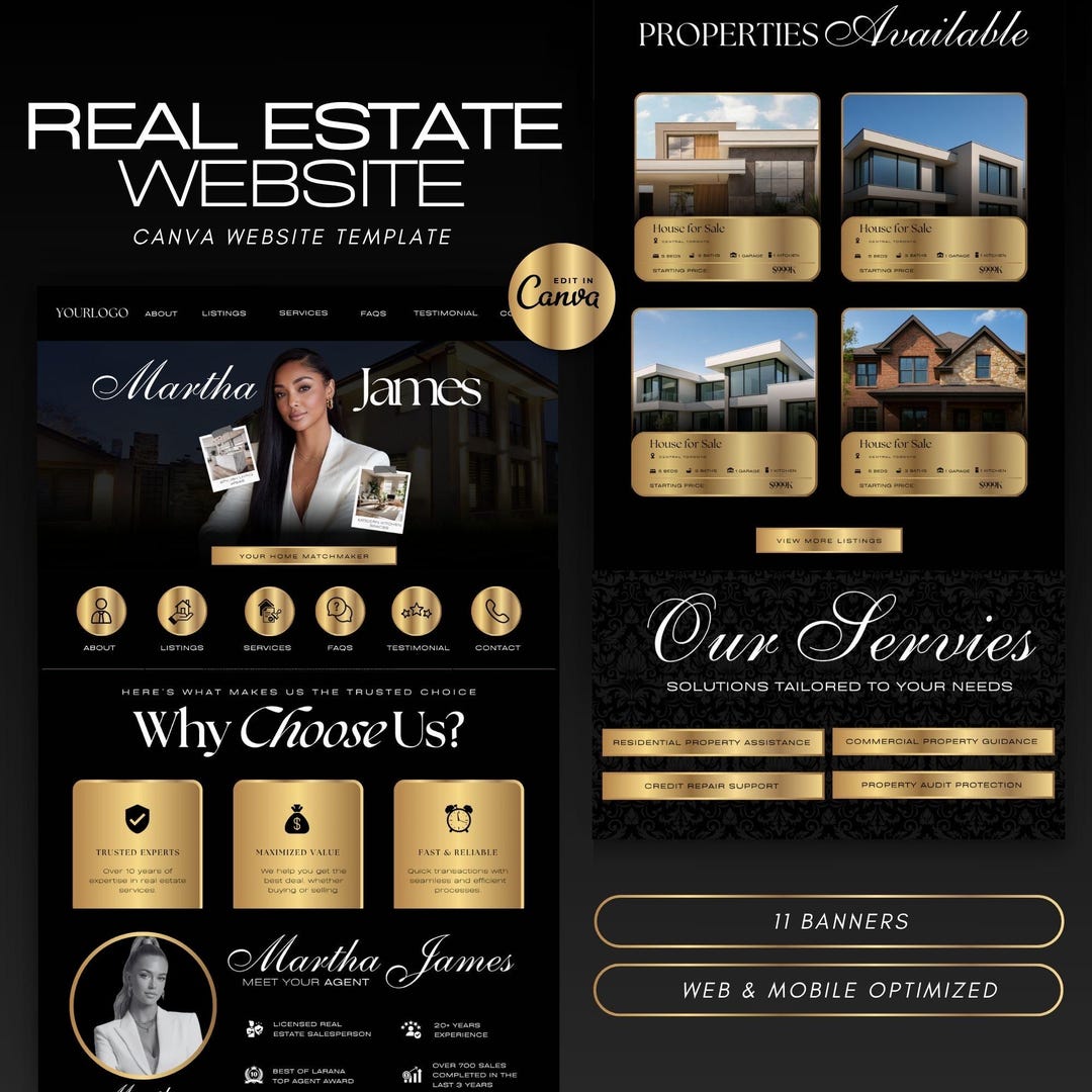 Luxury Real Estate Website Template, Black Gold Canva Landing Page ...