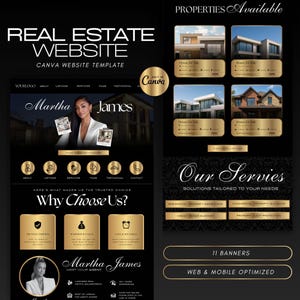 Puede incluir: Una plantilla de sitio web de bienes raíces en negro y dorado con el texto "Real Estate Website" y "Canva Website Template". El diseño incluye secciones para listados, servicios y testimonios, con el nombre "Martha James" en un lugar destacado. La plantilla está optimizada para web y móvil.