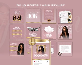 May include: A collection of 50 Instagram post templates for hair stylists. The templates feature a pink and gold color scheme with images of hair extensions, wigs, and other hair care products. The text on the templates includes phrases like "This or That?", "Wigs Giveaway", "Shop Now", and "Book Now".