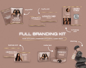 May include: A branding kit for hair stylists, fashion stylists, and lash technicians. The kit includes a poly mailer, loyalty cards, business cards, a mailer box, and a label tag. The branding is in gold and black with the text "Crown Curls".