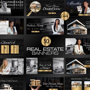 May include: A collection of 30 real estate banners with a black and gold color scheme. The banners feature images of modern homes, real estate agents, and text such as "Visit Your Dream Home" and "Buy or Sell a Home?"