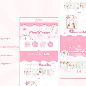 May include: Pink and white website design with a floral theme. The website features a new collection of products, a section to hear from the company, and a shop our favorites section. The website also includes a call to action to follow the company on Instagram.