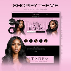 May include: A pink and black website design template for a hair salon or hair boutique. The website features a model with long black hair, the text "Endless Luxury Bundles", and the text "Shop the Look" and "Upgrade Now".