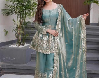 Teal Satin Silk Sharara Set with Mirror Work | Embroidered Peplum Kurti & Dupatta | Indian Wedding Outfit | Party Wear Sharara Suit