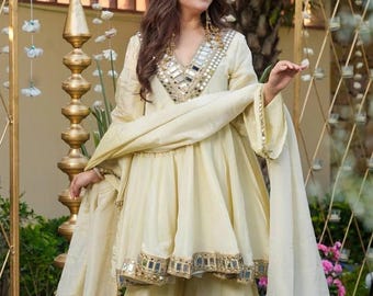 Real Mirror Work Sharara Suit | Cosmos Gold Jari Silk Anarkali Set | Party & Wedding Wear Indian Outfit | Fully Stitched Kurti Dupatta Set