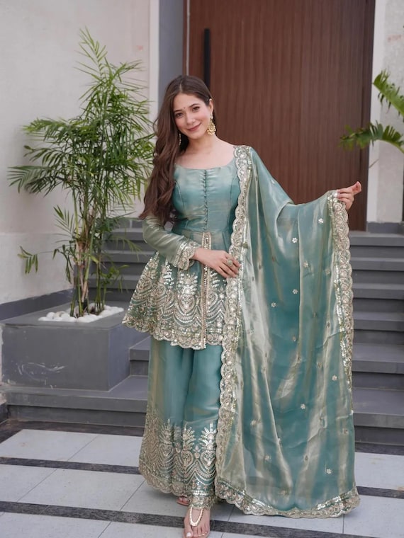 Teal Satin Silk Sharara Set with Mirror Work | Embroidered Peplum Kurti & Dupatta | Indian Wedding Outfit | Party Wear Sharara Suit