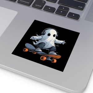 Ghost Skater Waterproof Vinyl Stickers - Cute Ghost Car Decal - Skateboard Art Laptop Sticker - Creepy Cute Planner Stickers - Halloween Art