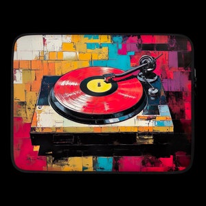 May include: A vintage-style turntable with a red vinyl record spinning on a black platter. The turntable is set against a colorful background of abstract squares and rectangles in shades of yellow, orange, blue, and purple.