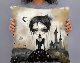 Goth Girl Portrait Throw Pillow – Dark Home Decor - Alternative Art
