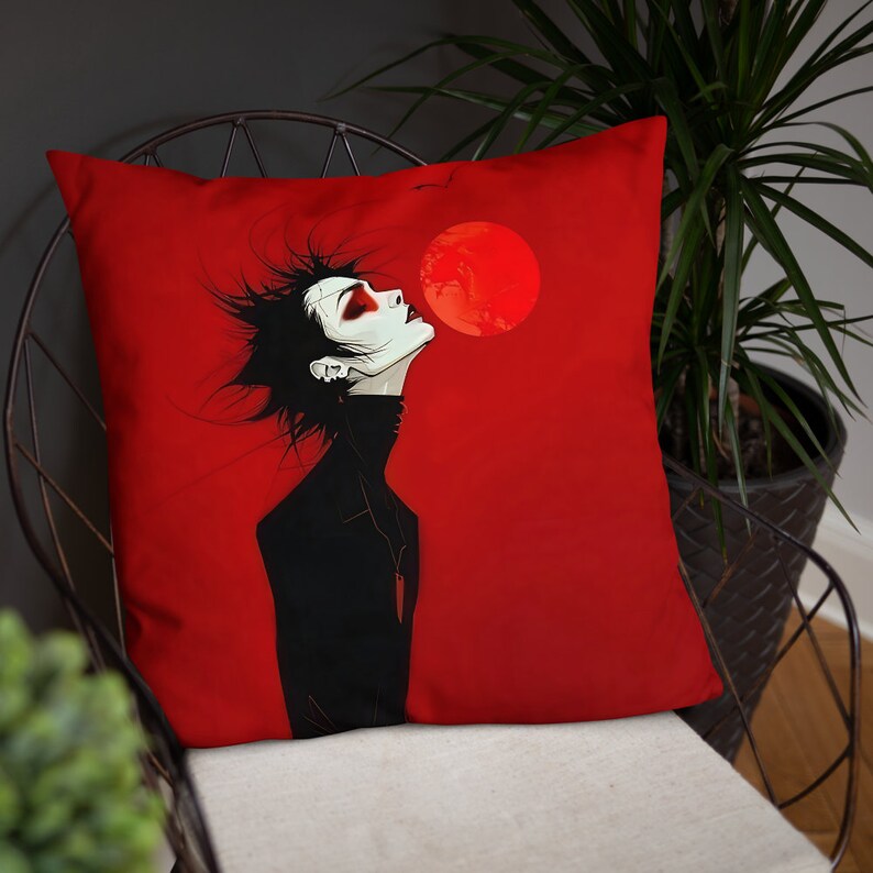 Red Moon Art Pillow Unique Vibrant Decor Eccentric Woman Cushion Accent
