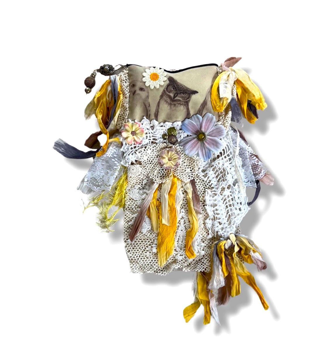 Handmade Boho Chic Purse - Lace & Sari Silk Bag with Jewel Embellishments and Vintage Accents - 