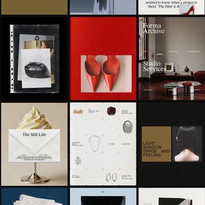 May include: A collage of images featuring fashion and design elements. Includes a photo of red high heels, a black leather object, and a white envelope with "The Still Life" printed on it. Also, a page with the text "The Prelude".