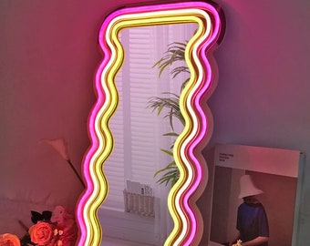 Aangepaste LED-esthetische spiegel|Aangepast golvend spiegelneonbord|Home Decor LED|Kleurrijke nachtgloed voor kamerdecoratie|Handgemaakt neon chevalglas