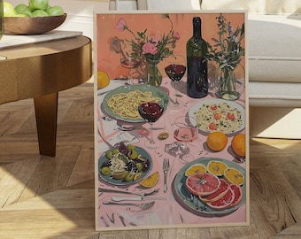 PINK PASTA POSTER- Aesthetic Spaghetti & Wine Art Print, Mid-Century Modern Kitchen WallDecor, Chic Dining Room Poster, Trendy Illustration