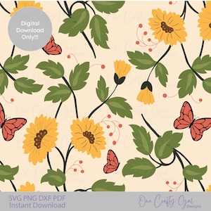 May include: Digital download floral pattern featuring yellow sunflowers, green leaves, and coral butterflies on a cream background. The design includes the text "Digital Download Only!!!" and "SVG PNG DXF PDF Instant Download".