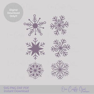 May include: A digital download featuring six purple snowflake designs. The snowflakes vary in shape and detail, with a mix of symmetrical and star-like patterns. The image includes the text "Digital Download Only!!!" and "SVG PNG DXF PDF Instant Download".