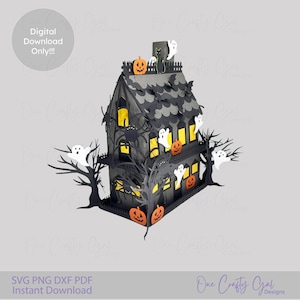 May include: A black and gray paper haunted house with jack-o'-lanterns, ghosts, and bats. The house has multiple windows with yellow light and is surrounded by bare trees. Text on the image says "Digital Download Only!!!".