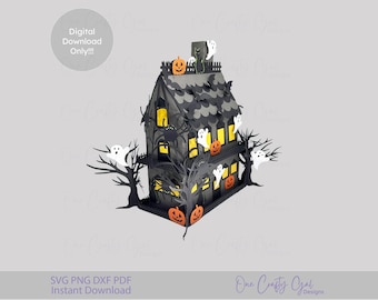 May include: A black and grey paper haunted house decorated with jack-o'-lanterns, ghosts, and bats. The house has multiple windows with yellow light and is surrounded by bare trees. Text on the image says "Digital Download Only!!!".