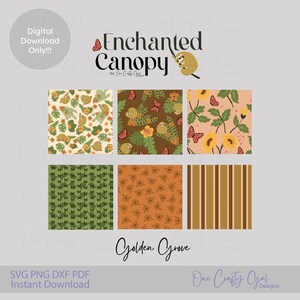 May include: Digital download featuring six patterned designs with a nature theme. The designs include sloths, butterflies, flowers, and foliage in various color schemes. The text "Enchanted Canopy" and "Golden Grove" are also present.