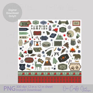 Digital Camping Stickers, Outdoor Adventure Scrapbooking 12 x 12 in PNG – Hiking, Fishing, and Nature-Themed Elements for Digital Crafting