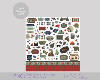 Camping Sticker Set: Hiking, Fishing & Nature Digital PNGs