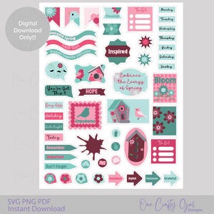 Floral Pink Planner Stickers, Spring Inspired Digital & Printable Designs, Individual PNGs for Digital Planners or Print and Cut