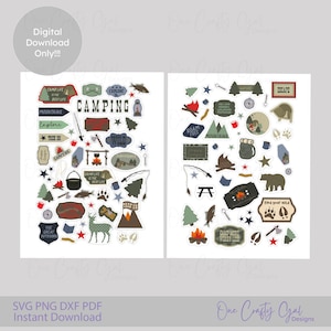 Camping Sticker Bundle, Outdoor Adventure Print & Cut Scrapbook Designs, Hiking, Fishing, and Campfire Digital and Printable Stickers,