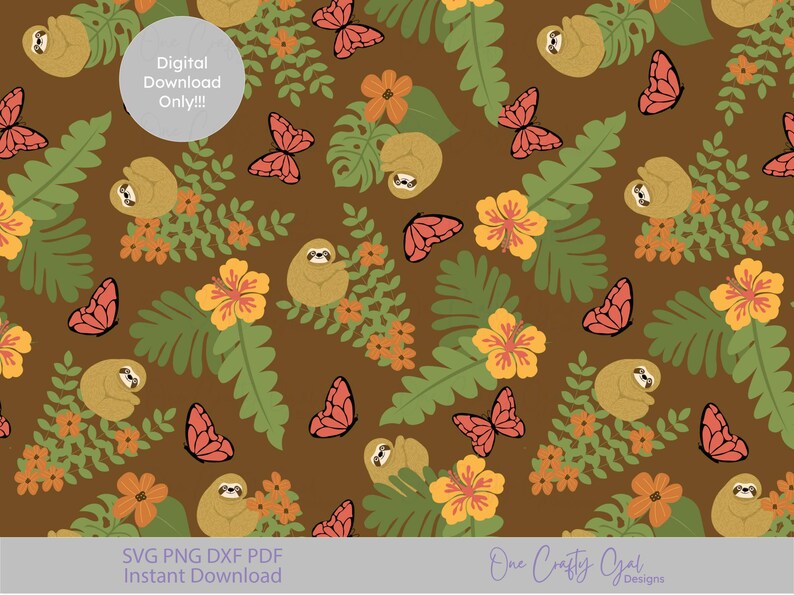 Sloth Digital Paper Nursery Digital Paper, Sloths & Butterflies, Warm Earth Tones (seamless ...