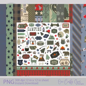 Camping Digital Scrapbooking Bundle, Outdoor Adventure Papers & Stickers, Hiking, Fishing, and Nature-Themed PNG Kit, Junk Journal Graphics