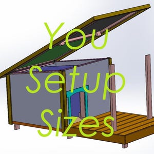 May include: A wooden dog house with a hinged roof that opens. The house has a gray exterior and a wooden deck. The text "You Setup Sizes" is written in green on the house.