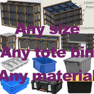 Op de afbeelding: Diverse opslagoplossingen met opbergbakken in verschillende maten, materialen en configuraties. De afbeelding toont houten stellingen, rolwagens en losse bakken in blauw, grijs en zwart. Tekstoverlay luidt "Any size, Any tote bin, Any material."