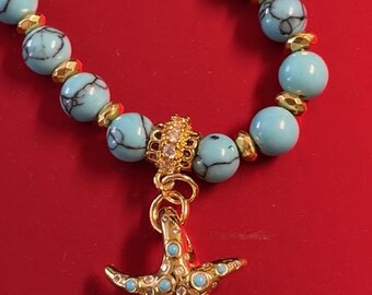 Custom Turquoise 14 K Bead Plated Necklace with Sterling Silver Starfish Charm