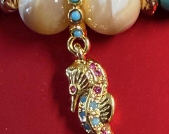 Custom Mother of Pearl Turquoise Seahorse Bracelet. Perfect Gift for Her.