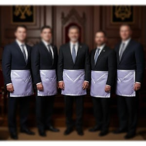 May include: Five individuals in dark suits and ties, each wearing a light purple apron with a white trim. The aprons have a distinctive V-shaped design. The background is a blurred interior with ornate architectural details.