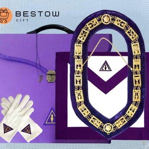 Conjunto de insignias de maestro del Consejo Críptico: delantal de primera categoría, collar de cadena, estuche y guantes