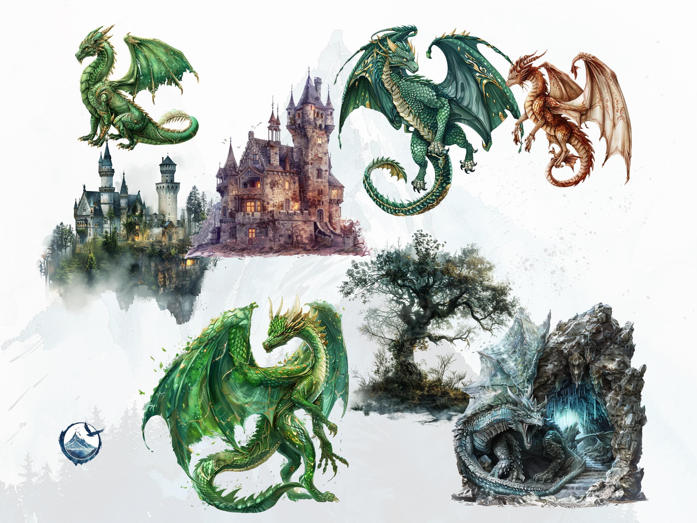 Fantasy Dragon Clipart Collection, Caves, Castles (PNG Digital Download ...