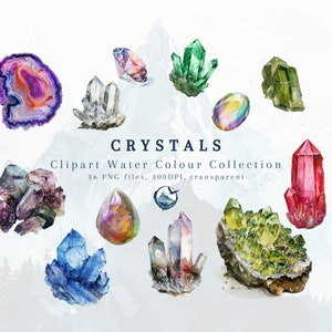 Puede incluir: Colección de clipart de acuarela de 12 cristales diferentes, incluyendo amatista, ágata, cuarzo rosa y cristales verdes. Los cristales están pintados en un estilo realista y son perfectos para agregar un toque de naturaleza a tus diseños.