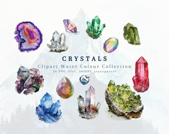 May include: Watercolor clipart collection of 12 different crystals, including amethyst, agate, rose quartz, and green crystals. The crystals are painted in a realistic style and are perfect for adding a touch of nature to your designs.