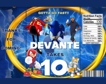 Editable Sonic Birthday Party Bundle | Canva Templates | Chip Bags, Rice Krispie Wraps, Chocolate Bar Wraps, Gable Box, Water Bottle Labels
