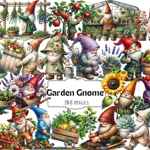 Gnomo de jardín Clipart - Lindo gnomo PNG, Arte caprichoso de gnomo de jardinería, Gnomo de primavera con flores, Gráficos de gnomos al aire libre