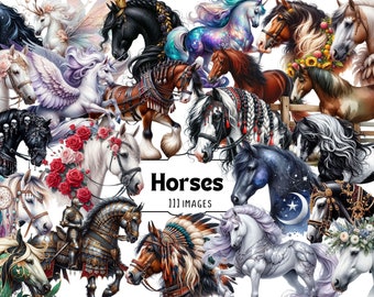 Horses Clipart Bundle - Fantasy, Realistic, Boho Horses PNG Set, Equestrian Art, Magic and Wild Horses Digital Graphics