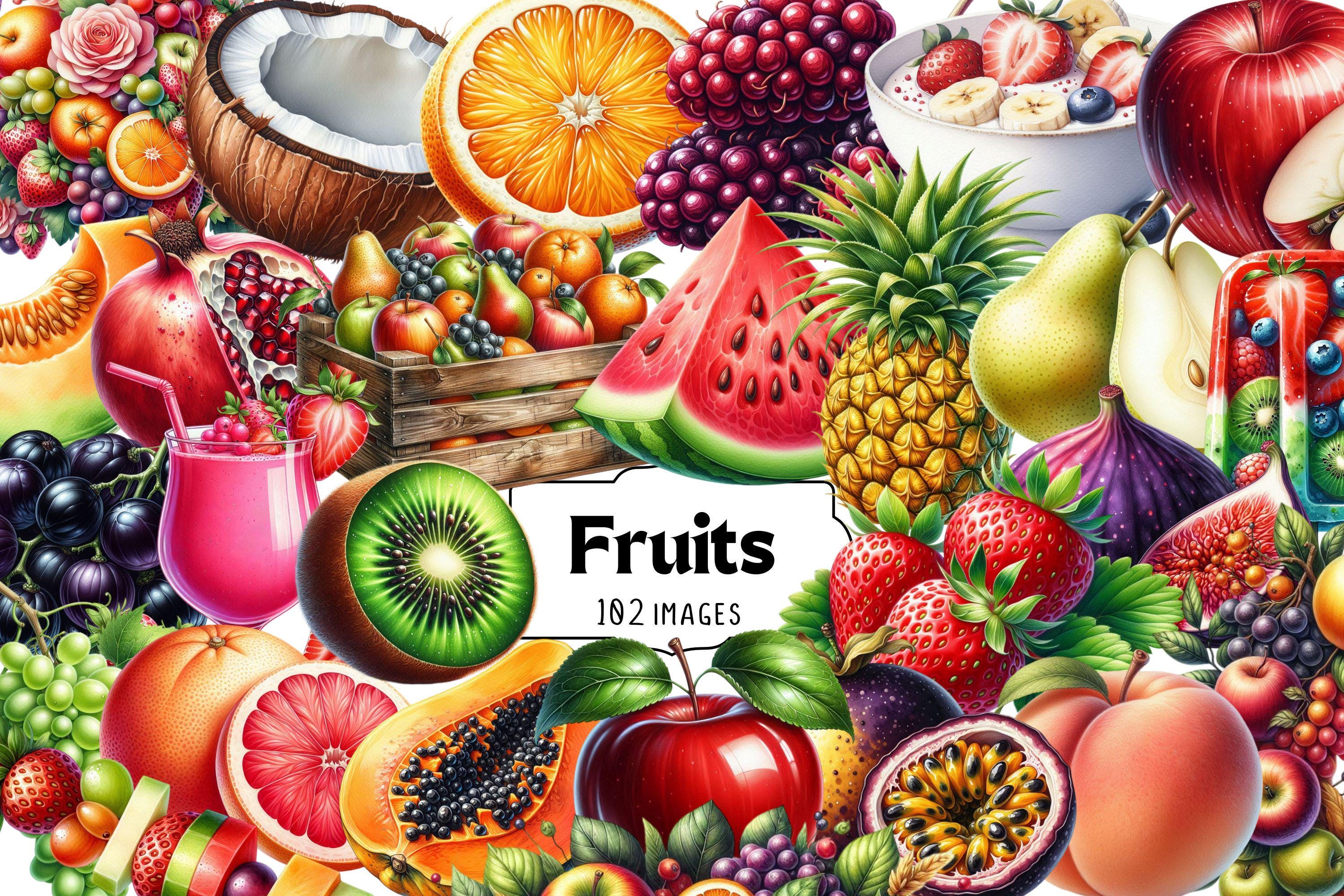 Fruits Clipart, Fresh Fruit PNG, Tropical, Citrus, and Summer Fruits, organic, Watercolor Fruit Illustrations, food, graphics, digital