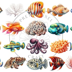 May include: A colorful illustration of various sea creatures, including fish, coral, an octopus, and a seahorse. The illustration is surrounded by a circular frame with the text "PRETTY PIXEL CRAFT" in a stylized font.