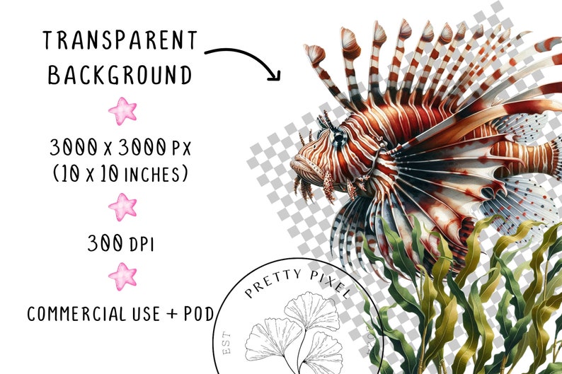 May include: A digital illustration of a red and white lionfish with green seaweed, on a transparent background. The lionfish has a large, spiky fin and a long, thin body. The seaweed is flowing in the water.